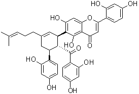 structure of CAS# 286461-76-5, Multicaulisin;6-[(1R,5S,6R)-6-(2,4-Dihydroxybenzoyl)-5-(2,4-dihydroxyphenyl)-3-(4-methyl-3-penten-1-yl)-2-cyclohexen-1-yl]-2-(2,4-dihydroxyphenyl)-5,7-dihydroxy-4H-1-benzopyran-4-one