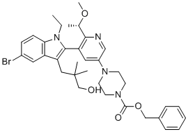 结构式 CAS# 2865162-09-8, (S)-4-(5-(5-溴-1-乙基-3-(3-羟基-2,2-二甲基丙基)-1H-吲哚-2-基)-6-(1-甲氧基乙基)吡啶-3-基)哌嗪-1-甲酸苄酯