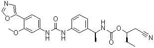 结构式 CAS# 297730-17-7, [(1S)-1-[3-[[[[3-甲氧基-4-(5-恶唑基)苯基]氨基]羰基]氨基]苯基]乙基]氨基甲酸 (1R)-1-(氰基甲基)丙基酯
