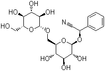 structure of CAS# 29883-15-6, Amygdalin;D-(-)-Amygdalin; (R)-Amygdalin; (R)-Amygdaloside; (R)-Laenitrile; (2R)-2-Phenyl-2-[(2R,3R,4S,5S,6R)-3,4,5-trihydroxy-6-[[(2R,3R,4S,5S,6R)-3,4,5-trihydroxy-6-(hydroxymethyl)oxan-2-yl]oxymethyl]oxan-2-yl]oxyacetonitrile