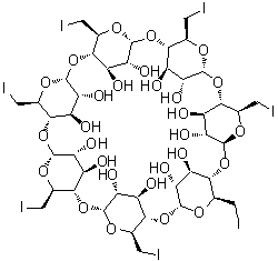 structure of CAS# 30754-23-5, Heptakis(6-iodo-6-deoxy)-beta-cyclodextrin;6A,6B,6C,6D,6E,6F,6G-Heptadeoxy-6A,6B,6C,6D,6E,6F,6G-heptaiodo-beta-cyclodextrin; Heptakis(6-deoxy-6-iodo)-beta-cyclodextrin; Heptakis(6-deoxy-6-iodo)cyclomaltoheptaose