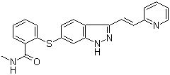 结构式 CAS# 319460-85-0, 阿西替尼; N-甲基-2-((3-((1E)-2-(吡啶-2-基)乙烯)-1H-吲唑-6-基)硫)苯甲酰胺