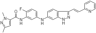 structure of CAS# 319460-94-1, AG 13958;N-[2-Fluoro-5-[[3-[(1E)-2-(2-pyridinyl)ethenyl]-1H-indazol-6-yl]amino]phenyl]-1,3-dimethyl-1H-pyrazole-5-carboxamide