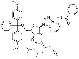 结构式 CAS# 329187-86-2, N-[9-[5-O-[双(4-甲氧基苯基)苯基甲基]-3-O-[[双(1-甲基乙基)氨基](2-氰基乙氧基)膦基]-2-脱氧-2-氟-beta-D-呋喃阿拉伯糖基]-9H-嘌呤-6-基]苯甲酰胺