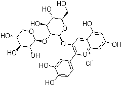 结构式 CAS# 33012-73-6, 氯化接骨木花色素甙; 氯化花青素-3-桑布双糖苷