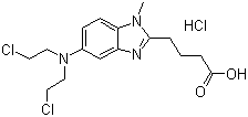 结构式 CAS# 3543-75-7, 盐酸苯达莫司汀; 4-[5-[双(2-氯乙基)氨基]-1-甲基苯并咪唑-2-基]丁酸盐酸盐