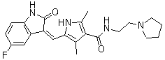 structure of CAS# 356068-94-5, Toceranib;PHA 291639; SU 11654; 5-[(Z)-(5-Fluoro-1,2-dihydro-2-oxo-3H-indol-3-ylidene)methyl]-2,4-dimethyl-N-[2-(1-pyrrolidinyl)ethyl]-1H-pyrrole-3-carboxamide