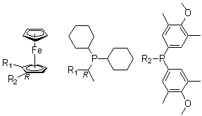 structure of CAS# 360048-63-1, (1R)-1-[Bis(4-methoxy-3,5-dimethylphenyl)phosphino]-2-[(1R)-1-(dicyclohexylphosphino)ethyl]ferrocene