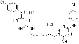 结构式 CAS# 3697-42-5, 盐酸氯己定; 盐酸洗必泰; 1,1'-己基双[5-(对氯苯基)双胍]盐酸盐