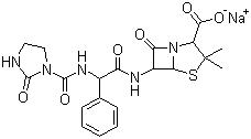 结构式 CAS# 37091-65-9, 阿洛西林钠; 咪氨苄西林钠; 唑酮氨苄青霉素; (2S,5R,6R)-3,3-二甲基-6-[[[[(2-氧代-1-咪唑烷基)羰基]氨基]苯基乙酰基]氨基]-7-氧代-4-硫杂-1-氮杂双环[3,2,0]庚烷-2-羧酸钠盐