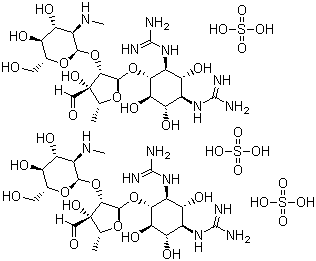 结构式 CAS# 3810-74-0, 硫酸链霉素; O-2-脱氧-2-甲氨基-alpha-L-葡吡喃糖基-(1→2)-O-5-脱氧-3-C-甲酰基-alpha-L-来苏呋喃糖基-(1→4)-N1,N3-二脒基-D-链霉胺硫酸盐