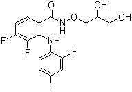 结构式 CAS# 391210-10-9, PD 0325901; N-[(2R)-2,3-二羟基丙氧基]-3,4-二氟-2-[(2-氟-4-碘苯)氨基]苯甲酰胺