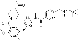 structure of CAS# 439575-02-7, BMS 509744;N-(5-((5-(4-Acetylpiperazine-1-carbonyl)-4-methoxy-2-methylphenyl)thio)thiazol-2-yl)-4-(((3,3-dimethylbutan-2-yl)amino)methyl)benzamide
