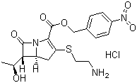 structure of CAS# 442847-69-0, (5R,6S)-4-Nitrobenzyl-3-[(2-aminoethyl)thio]-6-[(1R)-1-hydroxyethyl]-1-azabicyclo[3.2.0]hept-2-ene-7-one-2-carboxylate hydrochloride;3-[(2-Aminoethyl)thio]-6-[(1R)-1-hydroxyethyl]-7-oxo-1-azabicyclo[3.2.0]hept-2-ene-2-carboxylic acid (5R,6S)-(4-nitrophenyl)methyl ester monohydrochloride