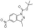 structure of CAS# 459133-69-8, 3-Iodo-5-nitro-1H-indazole-1-carboxylic acid tert-butyl ester