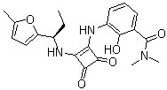 structure of CAS# 473727-83-2, Sch 527123;3-[[3-[(Dimethylamino)carbonyl]-2-hydroxyphenyl]amino]-4-[[(R)-1-(5-methylfuran-2-yl)propyl]amino]cyclobut-3-ene-1,2-dione