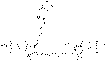 structure of CAS# 477908-53-5, Cy7 (Cyanine 7);2-[7-[1-[6-[(2,5-Dioxo-1-pyrrolidinyl)oxy]-6-oxohexyl]-1,3-dihydro-3,3-dimethyl-5-sulfo-2H-indol-2-ylidene]-1,3,5-heptatrienyl]-1-ethyl-3,3-dimethyl-5-sulfo-3H-indolium inner salt