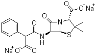 结构式 CAS# 4800-94-6, 羧苄青霉素钠; 羧苄西林钠; [6S-(2a,5a,6b)]-6-(羧基苯基-乙酰氨基)-3,3-二甲基-7-氧代-4-硫杂-1-氮杂双环[3.2.0]庚烷-2-甲酸二钠盐