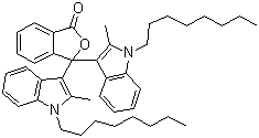structure of CAS# 50292-95-0, Pergascript Red I 6B;3,3'-Bis(1-n-octyl-2-methylindol-3-yl)phthalide; 3,3-Bis(2-methyl-1-octyl-1H-indol-3-yl)-1(3H)-Isobenzofuranone; 3,3-Bis(2-methyl-1-octyl-1H-indol-3-yl)phthalide