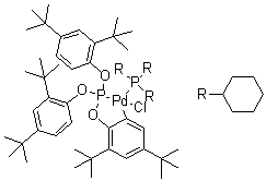 structure of CAS# 502964-53-6, [2-[[Bis[2,4-bis(1,1-dimethylethyl)phenoxy]phosphino]oxy]-3,5-bis(1,1-dimethylethyl)phenyl]chloro(tricyclohexylphosphine)palladium