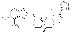 structure of CAS# 52665-69-7, Calcium ionophore A 23187;Calimycin; Ionophore A 23187; [6S-[6alpha(2S*,3S*),8beta(R*),9beta,11alpha]]-5-(Methylamino)-2-[[3,9,11-trimethyl-8-[1-methyl-2-oxo-2-(1H-pyrrol-2-yl)ethyl]-1,7-dioxaspiro[5,5]undec-2-yl]methyl]-4-benzoxazolecarboxylic acid