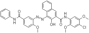 结构式 CAS# 5280-68-2, 颜料红 146; N-(4-氯-2,5-二甲氧基苯基)-3-羟基-4-[[2-甲氧基-5-[(苯基氨基)甲酰]苯基]偶氮]萘-2-甲酰胺