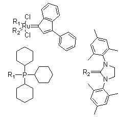 结构式 CAS# 536724-67-1, [1,3-双(2,4,6-三甲基苯基)-2-咪唑烷亚基](3-苯基-1H-茚-1-亚基)(三环己基膦)二氯化钌(II)