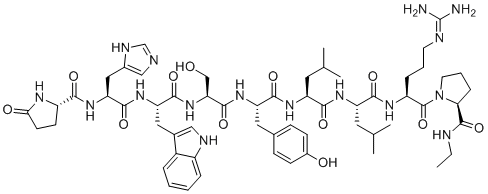 structure of CAS# 54785-87-4, L-Leu6-Leuprolide;(2S)-N-[(2S)-1-[[(2S)-1-[[(2S)-1-[[(2S)-1-[[(2S)-1-[[(2S)-1-[[(2S)-5-(diaminomethylideneamino)-1-[(2S)-2-(ethylcarbamoyl)pyrrolidin-1-yl]-1-oxopentan-2-yl]amino]-4-methyl-1-oxopentan-2-yl]amino]-4-methyl-1-oxopentan-2-yl]amino]-3-(4-hydroxyphenyl)-1-oxopropan-2-yl]amino]-3-hydroxy-1-oxopropan-2-yl]amino]-3-(1H-indol-3-yl)-1-oxopropan-2-yl]amino]-3-(1H-imidazol-5-yl)-1-oxopropan-2-yl]-5-oxopyrrolidine-2-carboxamide