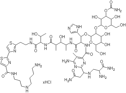 structure of CAS# 55658-47-4, Bleomycin A5 Hydrochloride;N1-[3-[(4-Aminobutyl)amino]propyl]bleomycinamide hydrochloride