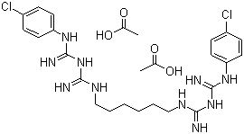 结构式 CAS# 56-95-1, 醋酸氯己定; 醋酸洗必泰; 1,1'-己基双[5-(对氯苯基)双胍]醋酸盐