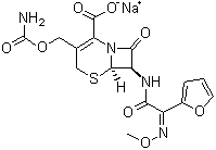 结构式 CAS# 56238-63-2, 头孢呋辛钠; (6R,7R)-7-[2-呋喃基(甲氧亚氨基)乙酰氨基]-3-氨基甲酰氧甲基-8-氧代-5-硫杂-1-氮杂二环[4.2.0]辛-2-烯-2-甲酸钠