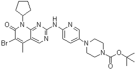 结构式 CAS# 571188-82-4, 4-[6-[(6-溴-8-环戊基-7,8-二氢-5-甲基-7-氧代吡啶并[2,3-d]嘧啶-2-基)氨基]-3-吡啶基]-1-哌嗪羧酸叔丁酯