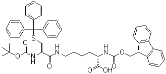 structure of CAS# 587854-43-1, N6-[N-[(1,1-Dimethylethoxy)carbonyl]-S-(triphenylmethyl)-L-cysteinyl]-N2-[(9H-fluoren-9-ylmethoxy)carbonyl]-L-lysine