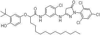 2-(3-tert-Butyl-4-hydroxyphenoxy)-N-(4-chloro-3-((4,5-dihydro-5-oxo-1-(2,4,6-trichlorophenyl)-1H-pyrazol-3-yl)amino)phenyl)myristamide molecular structure (CAS 61354-99-2)