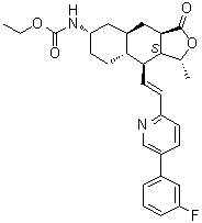 结构式 CAS# 618385-10-7, [(1R,3aR,4aR,6S,8aR,9S,9aS)-9-[(1E)-2-[5-(3-氟苯基)-2-吡啶基]乙烯基]十二氢-1-甲基-3-氧代萘并[2,3-c]呋喃-6-基]氨基甲酸乙酯