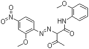 结构式 CAS# 6358-31-2, 颜料黄 74; 永固黄 GX; 2-[(2-甲氧基-4-硝基苯基)偶氮]-N-(2-甲氧基苯基)-3-氧代-丁酰胺