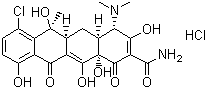 structure of CAS# 64-72-2, Chlortetracycline hydrochloride;[4S-(4alpha,4aalpha,5aalpha,6beta,12aalpha)]-7-Chloro-4-(dimethylamino)-1,4,4a,5,5a,6,11,12a-octahydro-3,6,10,12,12a-pentahydroxy-6-methyl-1,11-dioxo-2-naphthacenecarboxamide monohydrochloride