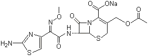 结构式 CAS# 64485-93-4, 头孢噻肟钠; (6R,7R)-3-[(乙酰氧基)甲基]-7-[2-氨基-4-噻唑基-(甲氧亚氨基)乙酰氨基]-8-氧代-5-硫杂-1-氮杂双环[4.2.0]辛-2-烯-2-甲酸钠盐