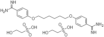 结构式 CAS# 659-40-5, 己脒定二(羟乙基磺酸)盐; 羟乙磺酸己氧苯脒; 4-[6-(4-甲脒基苯氧基)己氧基]苯甲脒 2-羟基乙烷磺酸盐 (1:2)