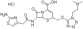 结构式 CAS# 66309-69-1, 头孢替安盐酸盐; 盐酸头孢替安; (6R,7R)-7-[[(2-氨基-4-噻唑基)乙酰基]氨基]-3-[[1-[2-(二甲氨基)乙基]-1H-四唑-5-基]硫代甲基]-8-氧代-5-硫杂-1-氮杂双环[4.2.0]辛-2-烯-2-羧酸盐酸盐