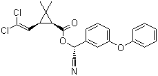 结构式 CAS# 67375-30-8, alpha-氯氰菊酯; 顺式氯氰菊酯; 右旋反式苯醚菊酯; (R)-alpha-氰基-3-苯氧基苄基 3-(2,2-二氯乙烯基)-2,2-二甲基环丙烷羧酸酯