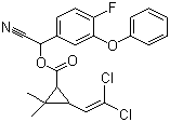 结构式 CAS# 68359-37-5, 氟氯氰菊酯; (RS)-alpha-氰基-4-氟-3-苯氧基苄基 (1RS,3RS；1RS,3SR)-3-(2,2-二氯乙烯基)-2,2-二甲基环丙烷羧酸酯