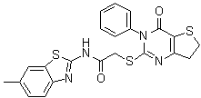 structure of CAS# 686770-61-6, IWP 2;N-(6-Methyl-2-benzothiazolyl)-2-[(3,4,6,7-tetrahydro-4-oxo-3-phenylthieno[3,2d]pyrimidin-2-yl)thio]acetamide