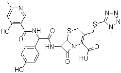 结构式 CAS# 70797-11-4, 头孢匹胺; 头孢匹胺酸; 7-[2-[(4-羟基-6-甲基吡啶-3-羰基)-氨基]-2-(4-羟基苯基)-乙酰氨基]-3-(1-甲基-1H-四唑-5-硫代甲基)-8-氧代-5-硫杂-1-氮杂双环[4.2.0]辛-2-烯-2-羧酸