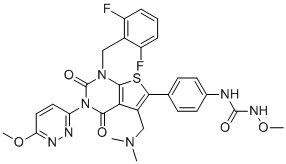 structure of CAS# 737789-87-6, Relugolix;1-[4-[1-[(2,6-difluorophenyl)methyl]-5-[(dimethylamino)methyl]-3-(6-methoxypyridazin-3-yl)-2,4-dioxothieno[2,3-d]pyrimidin-6-yl]phenyl]-3-methoxyurea