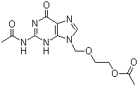 structure of CAS# 75128-73-3, 9-[(2-Acetoxyethoxy)methyl]-N2-acetylguanine;N-(9-((2-(Acetyloxy)ethoxy)methyl)-6,9-dihydro-6-oxo-1H-purin-2-yl)acetamide; 2-[(2-Acetamido-6-oxo-6,9-dihydro-1H-purin-9-yl)methoxy]ethyl acetate