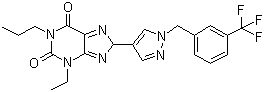 structure of CAS# 752222-83-6, 3-Ethyl-1-propyl-8-(1-(3-(trifluoromethyl)benzyl)-1H-pyrazol-4-yl)-1H-purine-2,6(3H,8H)-dione;CVT-6883