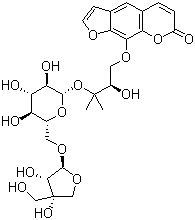 结构式 CAS# 765316-44-7, 9-[(2R)-3-[(6-O-D-芹糖-beta-D-呋喃糖基-beta-D-吡喃葡萄糖基)氧基]-2-羟基-3-甲基丁氧基]-7H-呋喃并[3,2-g][1]苯并吡喃-7-酮