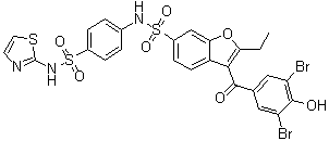 结构式 CAS# 765317-72-4, 3-(3,5-二溴-4-羟基苯甲酰基)-2-乙基-N-[4-[(2-噻唑基氨基)磺酰基]苯基]-6-苯并呋喃磺酰胺