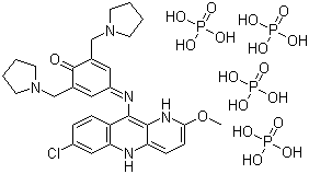 structure of CAS# 76748-86-2, Pyranoridine phosphate;4-[(7-Chloro-2-methoxy-1,5-dihydropyrido[3,2-b]quinolin-10-yl)imino]-2,6-bis(pyrrolidin-1-ylmethyl)cyclohexa-2,5-dien-1-one phosphate (1:4)